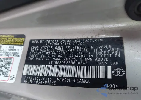 2005 Toyota Camry Le V6 z USA, uszkodzony, nr VIN 4T1BF30K55U610546